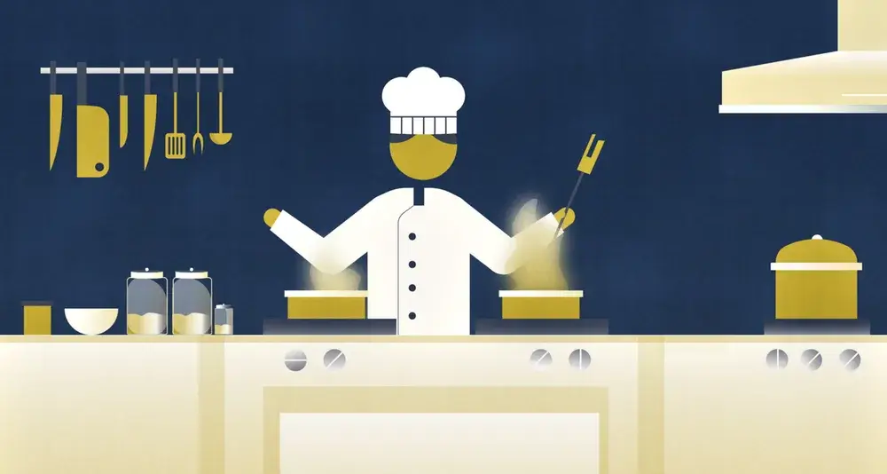 Chef working the line in a restaurant kitchen