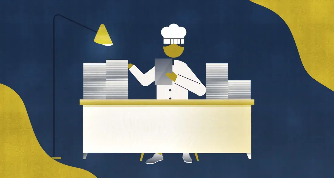 Restaurant owner buried in paperwork at a desk